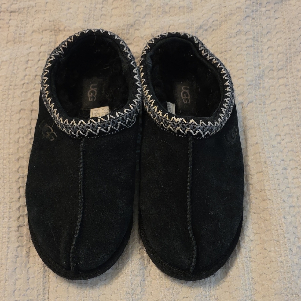 UGG Black Slippers with White Stitching